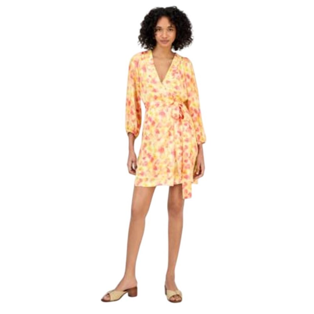 HUGO BOSS Women's Floral-Print Pleated Wrap Dress in Orange Pink